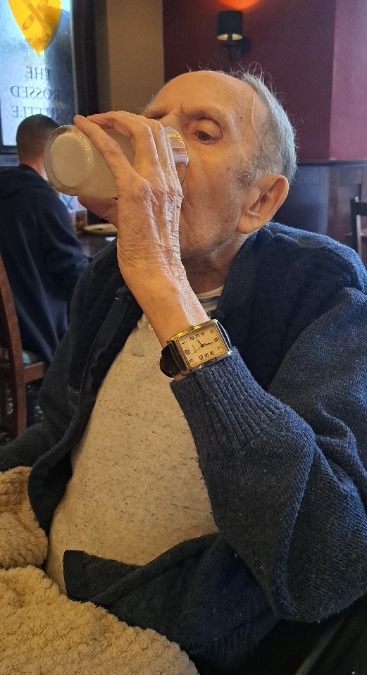 Out and about in Pudsey, Hutton Manor Care home resident, Fred, enjoyed his favoured half pint of bitter.