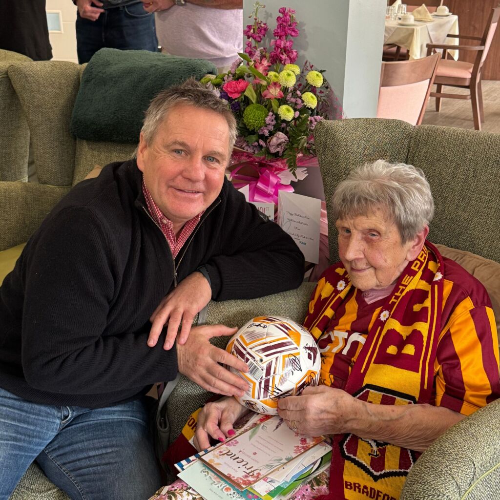 John Hendrie visits Betty Squires at Shipley Manor Care Home for Surprise 101st Birthday Present